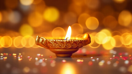 Canvas Print - A Diya oil lamp, Diwali concept, blurred Hindu festival of lights celebration background. AI generative
