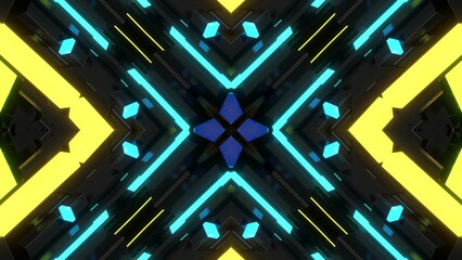 3d render. Sci-fi bg. Dark bg with abstract symmetrical pattern of geometric 3d stuff and neon light. Science fiction cyberpunk bg