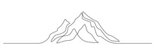 Mountain Range Landscape In One Continuous Line Drawing. Web Banner With Mounts In Simple Linear Style. Adventure Winter Sports Concept In Editable Stroke. Doodle Outline Vector Illustration