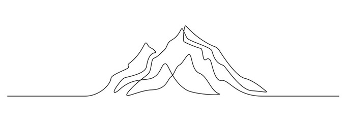 Mountain range landscape in one continuous line drawing. Web banner with mounts in simple linear style. Adventure winter sports concept in editable stroke. Doodle outline vector illustration