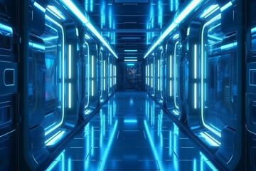 Futuristic background science fiction interior and blue light architecture corridor. AI generative