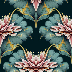 Vintage floral seamless pattern. Luxury victorian style wallpapers. Rococo, baroque, renaissance background. Elegant botanical old fashioned ornament. Illustration created with generative AI tools