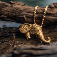 Elephant Golden Necklace On A Wooden Background