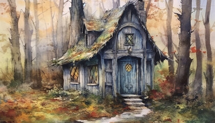 Wall Mural - Watercolour illustration of an old rustic wooden house in the woods. Greeting card or envelope project print no 2.