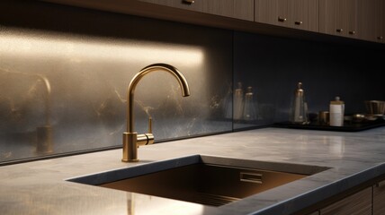 Water faucet with sink in the kitchen marble finish, modern kitchen interior design Generative AI