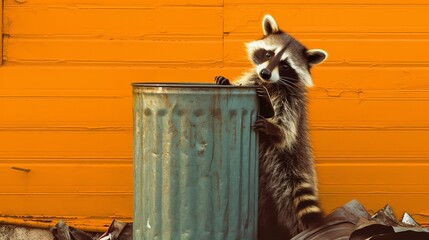 Wall Mural - A curious raccoon investigating a trash can. AI generated