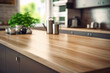 © SANGHYUN - Wooden table top on blur kitchen room background. AI generative