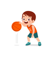 Poster - little kid play basketball and feel happy