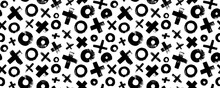 XOXO Seamless Pattern. Bold Brush Drawn Crosses And Circles Banner. Abstract Geometric Background With Tic Tac Toe. Grunge Texture With Symbols Of Zero And Crosses. Black Paint Brush Strokes.