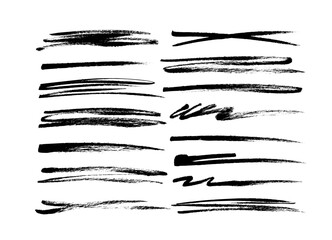 Brush drawn strikethrough vector elements. Set of grunge brush lines and strokes. Underline black graphic elements. Black ink doodle lines collection. Crosses strokes and curved thick stripes.