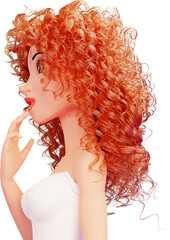 Curly red hair of a young woman, side view. Cartoon character of a woman with curly hair. Attractive woman with red hair. 3D Render. Transparent background, PNG file