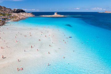 Wall Mural - aerial view of famous la pelosa beach at sunny summer day. stintino, sardinia island, italy. top vie
