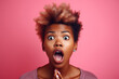 Close-up portrait of a woman with a surprised expression, mouth slightly agape, on a bright pink studio background, conveying a sense of astonishment and disbelief, generative ai