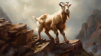 A happy goat climbing on rocks. AI generated