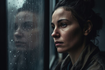 Grief-stricken Woman Gazing Out a Rain-Streaked Window, Lost in Thought, generative ai
