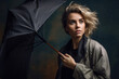 Portrait of a woman with a pessimistic expression, holding a broken umbrella, set against a chaotic, wind-swept studio background, generative ai