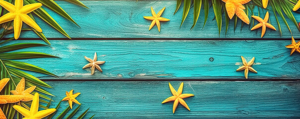 Wall Mural - Summer vacation background. starfish and palm trees on a blue tropical wooden background. Vacation concept. Flat lay, top view, copy space, digital art