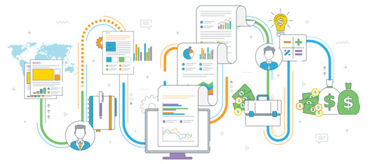Wall Mural - Report with investment data and graphs and growth on computer screen. Newspaper icon, calculator, money, briefcase and documents. Thin line flat vector illustration.
