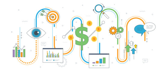 Wall Mural - Growth chart, startup success concept with icons.