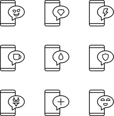 Wall Mural - Vector outline signs and symbols drawn in flat style with black thin line. Editable strokes. Line icons of smile, diamond, flash, lightning, cup, drop in speech bubble by smartphone