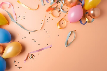 Wall Mural - Variety of birthday party supplies on orange background, Generative AI