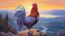 A Popular Rooster Crowing At Sunrise. AI Generated