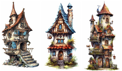 Wall Mural - Watercolour fantasy tiny rustic house. Fantasy set of illustrations on a white background. Fussy cuts, greeting cards and envelopes artwork project set 34.