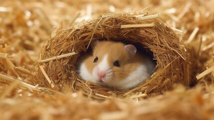 Wall Mural - A sleepy hamster curled up in a fluffy nest of hay. AI generated