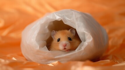Wall Mural - A sleepy hamster curled up in a tissue paper nest. AI generated