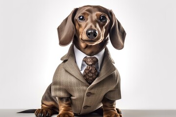 Wall Mural - Portrait of a Dachshund dog dressed in a formal business suit, generative ai	