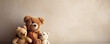 Family of stuffed animals, bears toys on neutral background with copy space, generative ai banner illustration