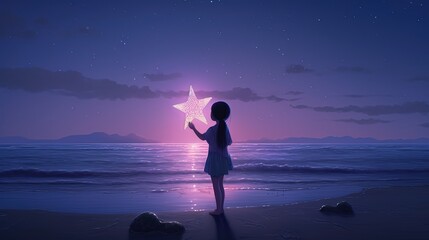 Wall Mural - illustration of a girl holding star at beach, Generative Ai