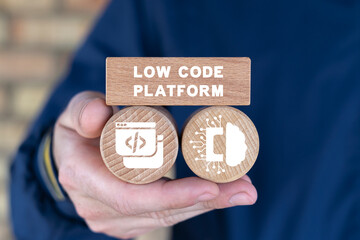 Wall Mural - man holding wooden cubes with icons and inscription: low code platform. concept of low code software