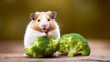 A smiling hamster nibbling on a piece of broccoli. AI generated