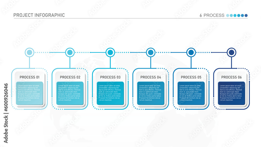 Horizontal timeline or flowchart with six square elements and space for ...