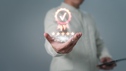 Poster - Assessment quality assurance of business services. Man hand showing the best quality assurance with five stars. Guarantee, warranty, standard, ISO certification, review, feedback, testimonial concept.