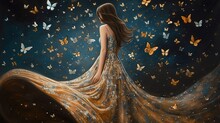  Beautiful Woman Walking Surrounded With Butterfly, Generative Ai