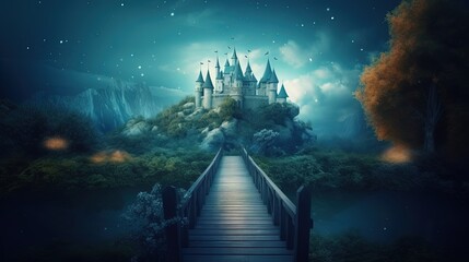 Wall Mural - illustration of way to heaven , way to fairytale castle, Generative Ai