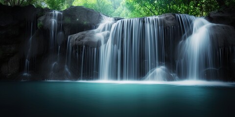 Wall Mural - peaceful waterfall scenic in green forest, long exposure shot, Generative Ai