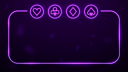 Wall Mural - Neon bright frame with the suits of the peak, tambourine, hearts, cross on a dark purple background.