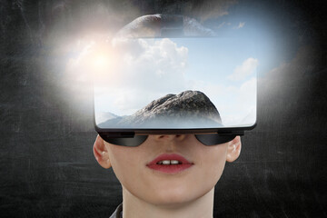 Canvas Print - Woman wearing virtual reality goggles