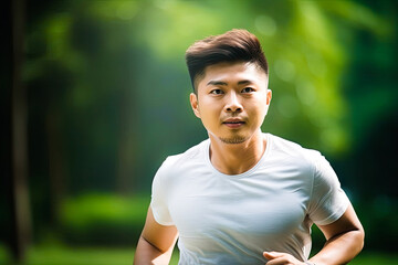 Wall Mural - Asian man running in the park or outdoors, summer season. Generative AI