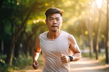 Wall Mural - Asian man running in the park or outdoors, summer season. Generative AI