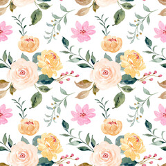 Wall Mural - Yellow pink floral watercolor seamless pattern