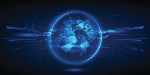 vector illustrations of glowing hi tech globe with futuristic digital circuit line and glowing dots.
