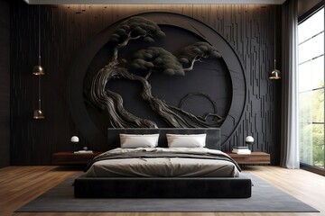 A Bedroom with a black bed and tree carvings on the walls. Generative Ai.