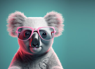 Creative animal concept. Koala bear in sunglass shade glasses isolated on solid pastel background, commercial, editorial advertisement, surreal surrealism