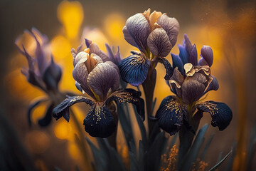 Wall Mural - Closeup beautiful Iris flower with gold and black color, with blur background.	Generative AI