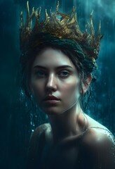  Water beauty fantasy woman portrait. Beautiful women dressed in crown, AI, generative, generative AI