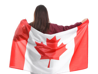 Canvas Print - Young woman with flag of Canada on white background, back view